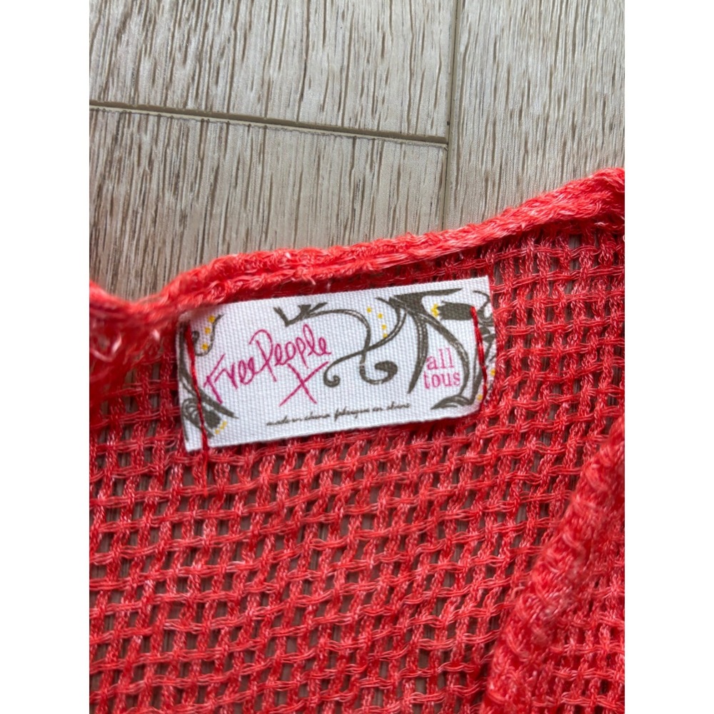 Free People x All Tous Coral Orange Mesh Knit Frayed Kimono Wrap One Size - Picture 6 of 9